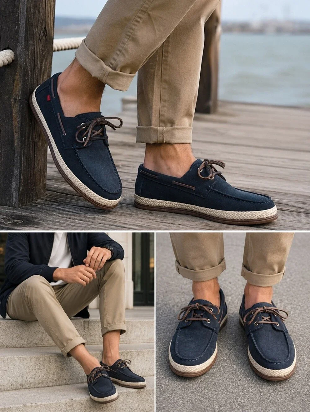 NWT.Men's Navy Casual Boat Shoes with Rope-Style Midsole